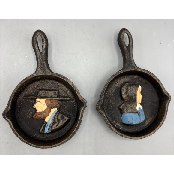 Vtg  Mini Cast Iron Skillets Hand Painted Amish‎ Decor 2 Pc Set - Picture 1 of 6
